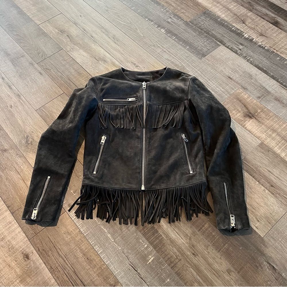 Topshop Black Suede Fringe Zip Jacket